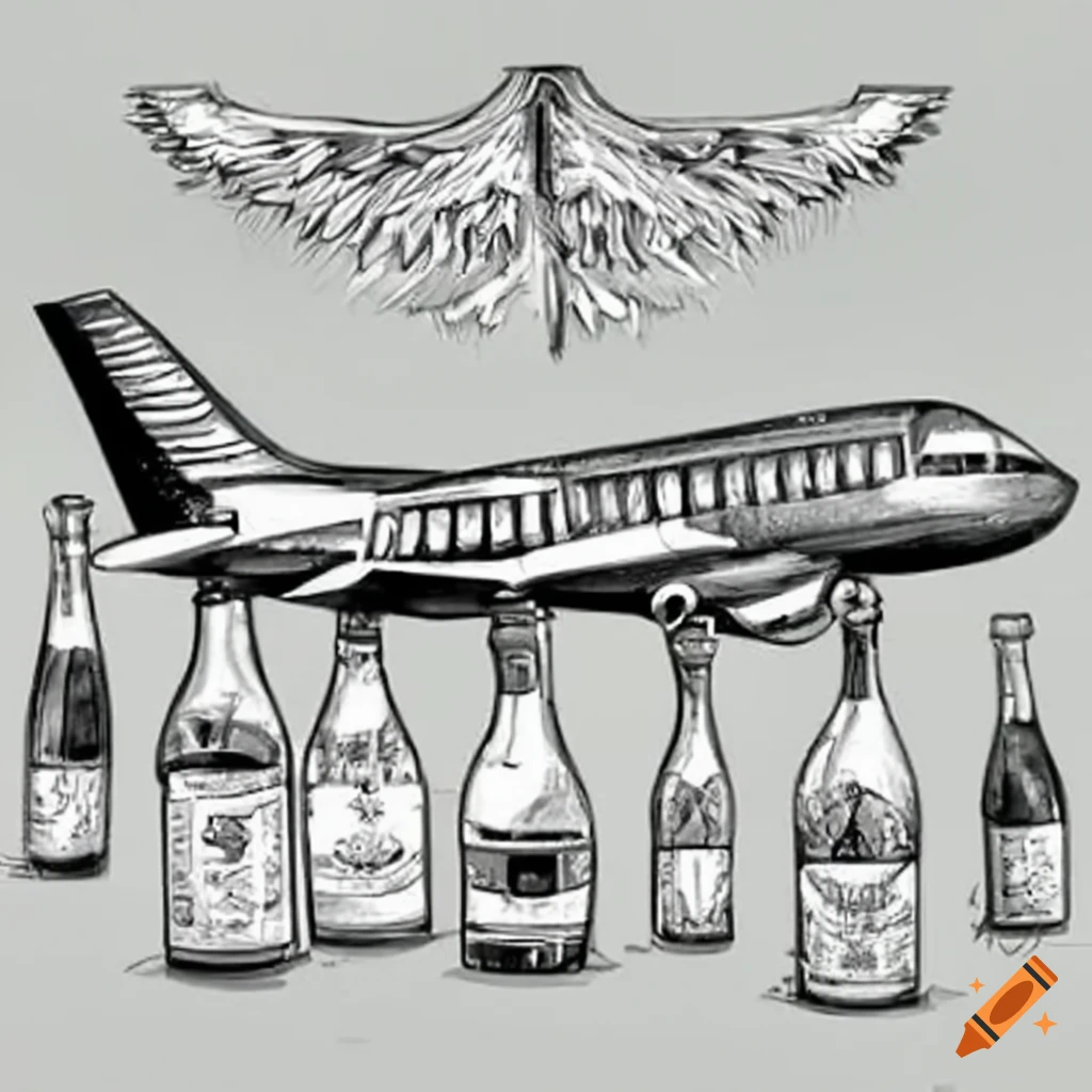 Airplane with bottles of champagne and wine on its wing