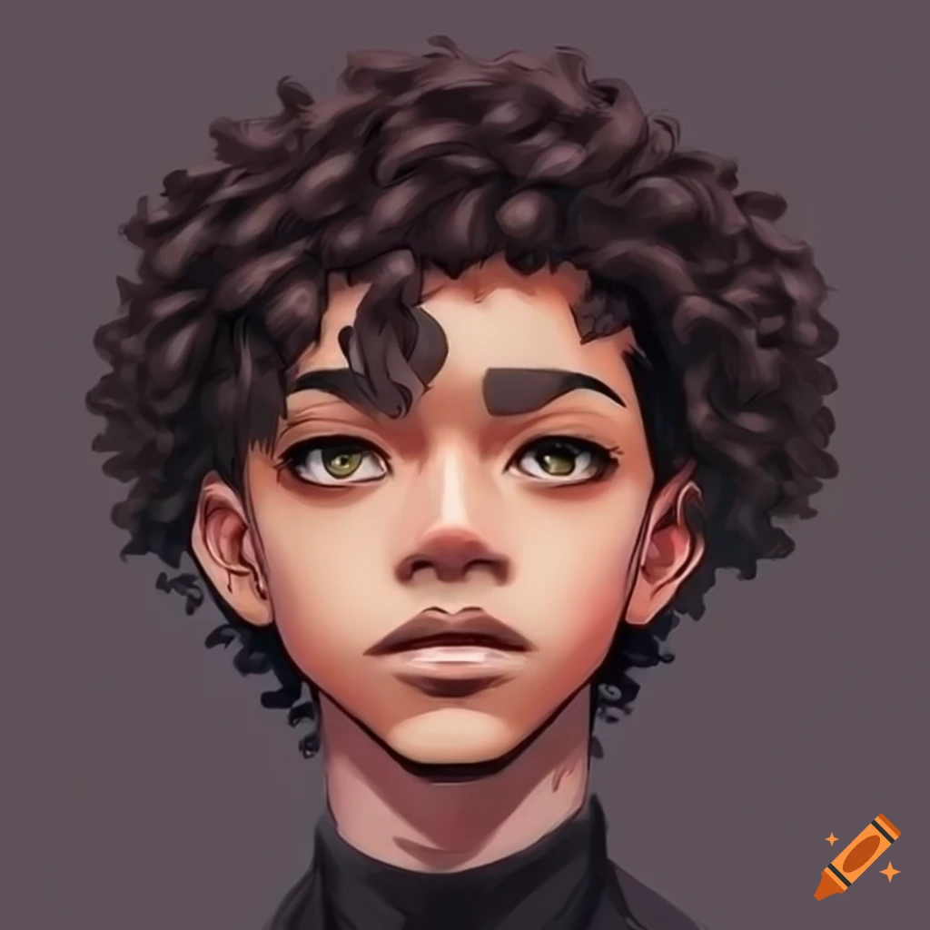 illustration of a dark-skinned male character with curly hair in anime style