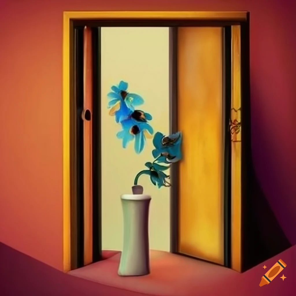 Surrealist abstract flower vase and door artwork