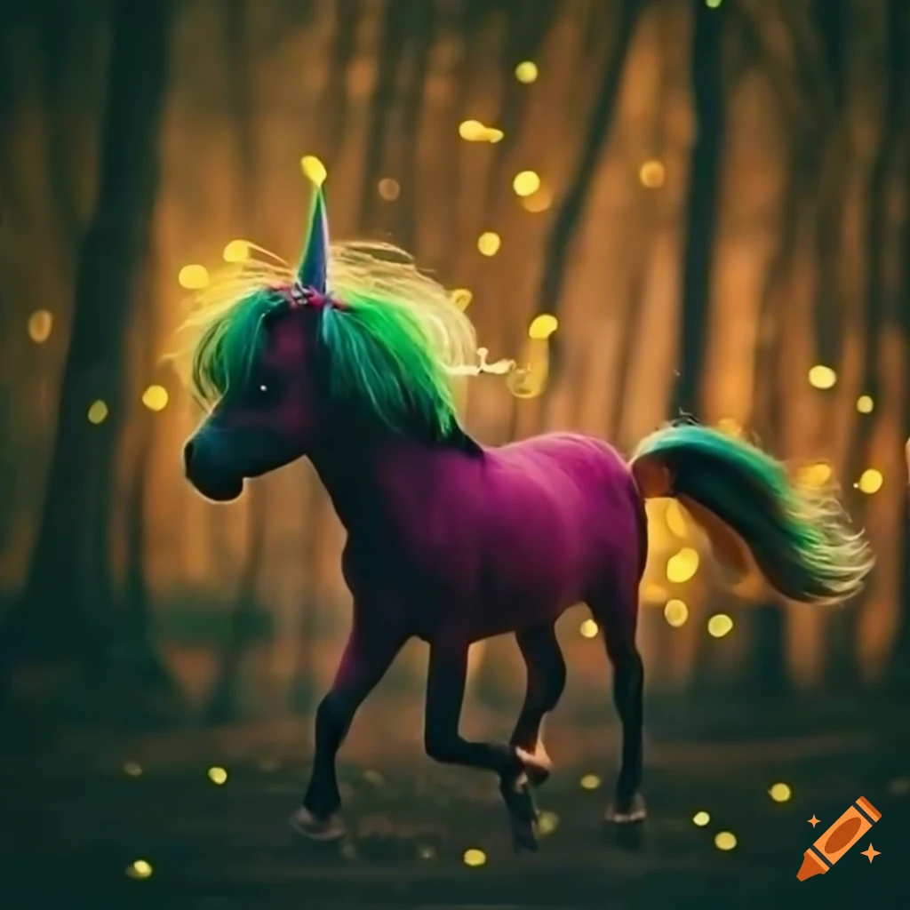 colorful ponies running through a magical forest