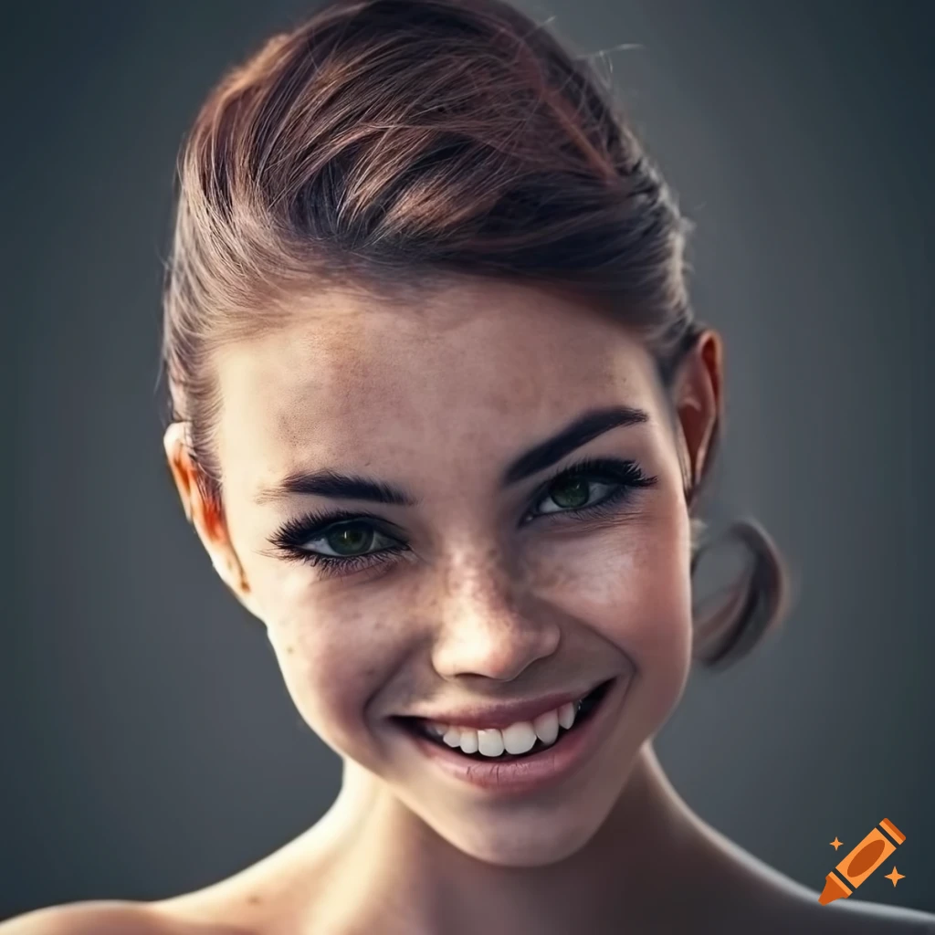 Portrait of a young woman with freckles and dark hair on Craiyon