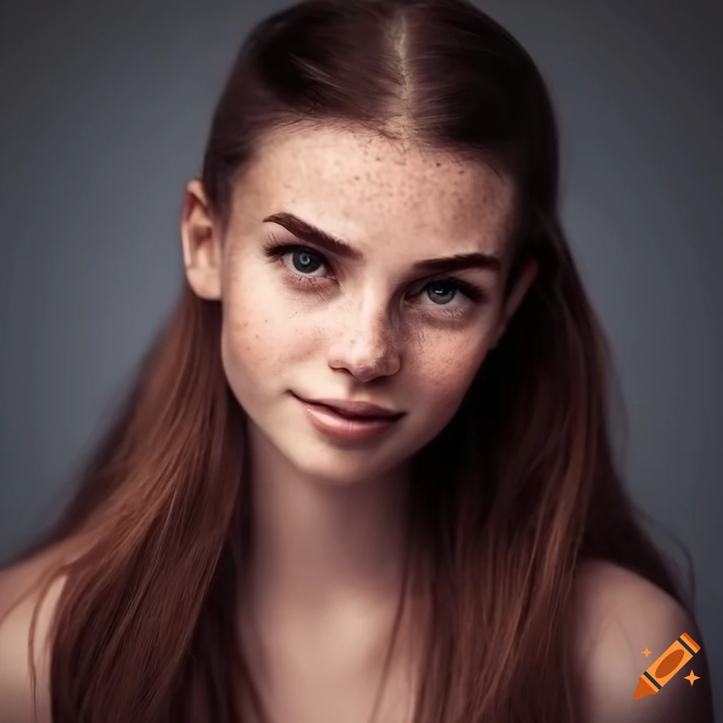 Portrait of a beautiful woman with freckles and dark hair on Craiyon