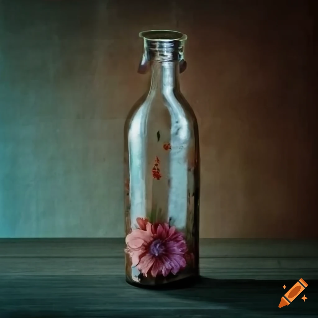 Vintage bottle with printed flowers on antique paper