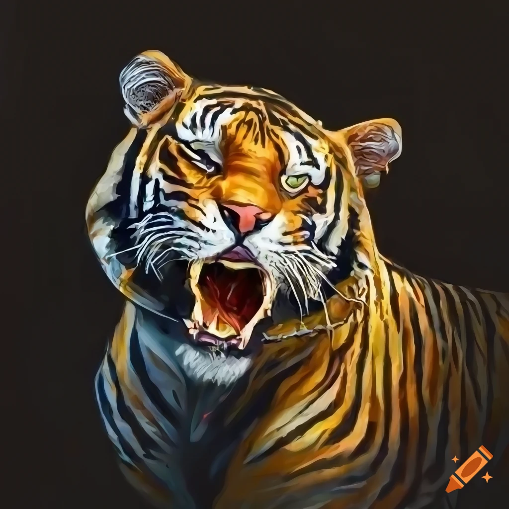 Palette knife painting of a roaring tiger on Craiyon