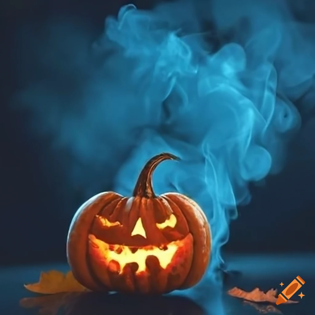 blue smoke coming out of a pumpkin with leaves