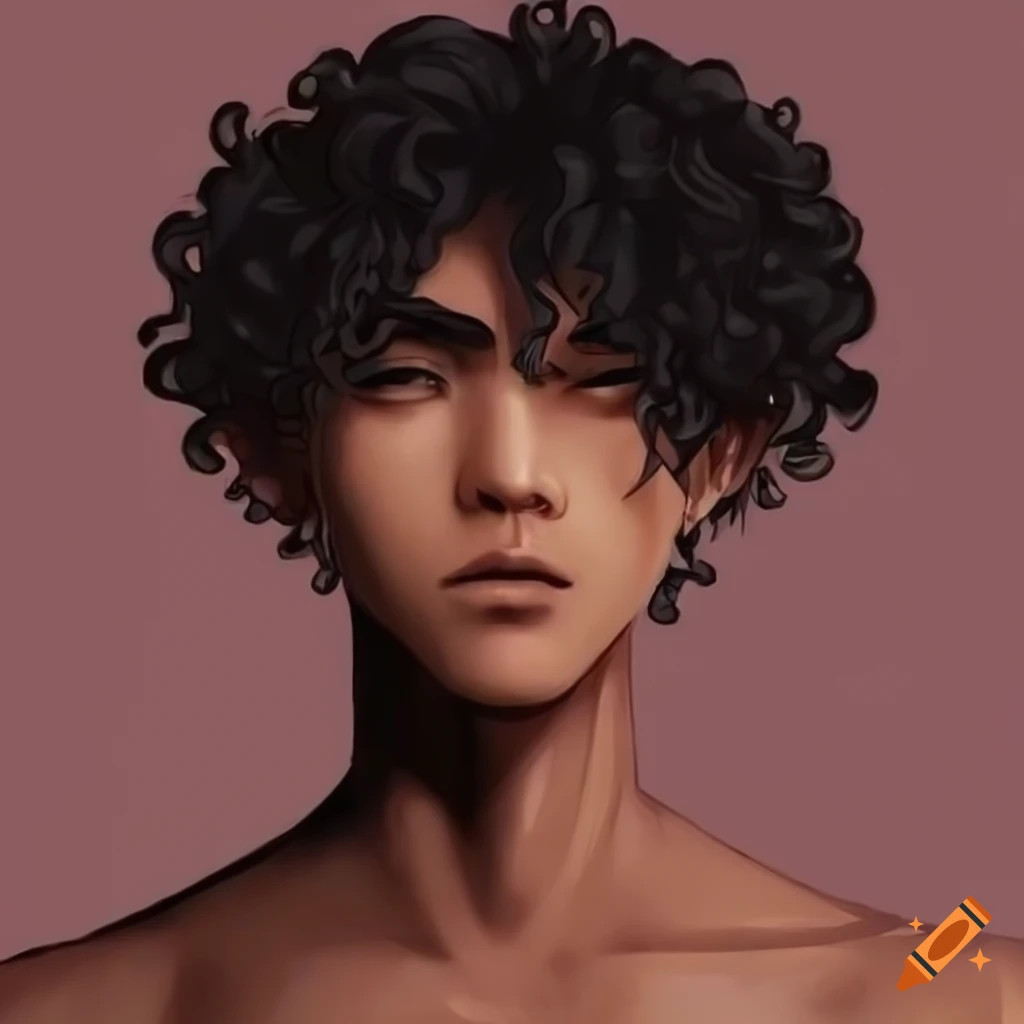 illustration of a dark-skinned male character with curly hair in anime style