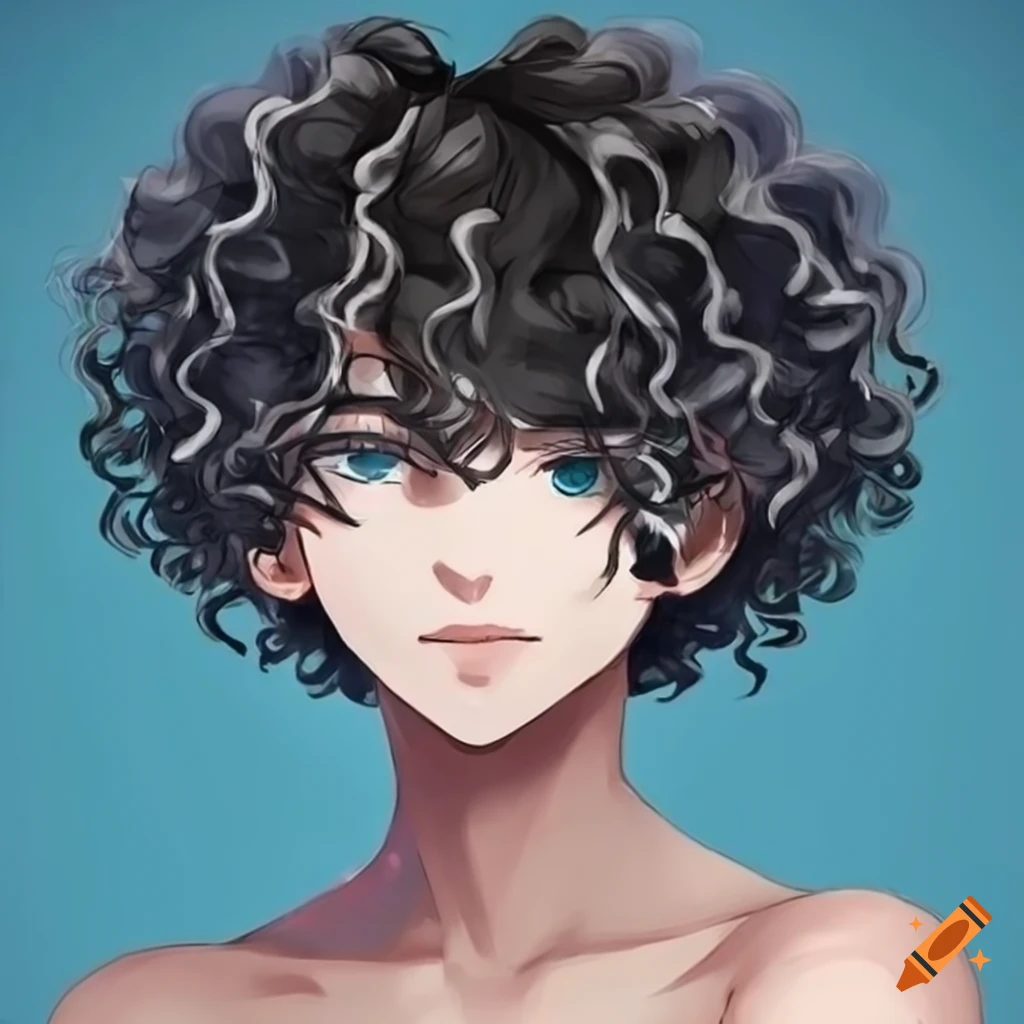 character design of a stylish anime-inspired male with black curly hair