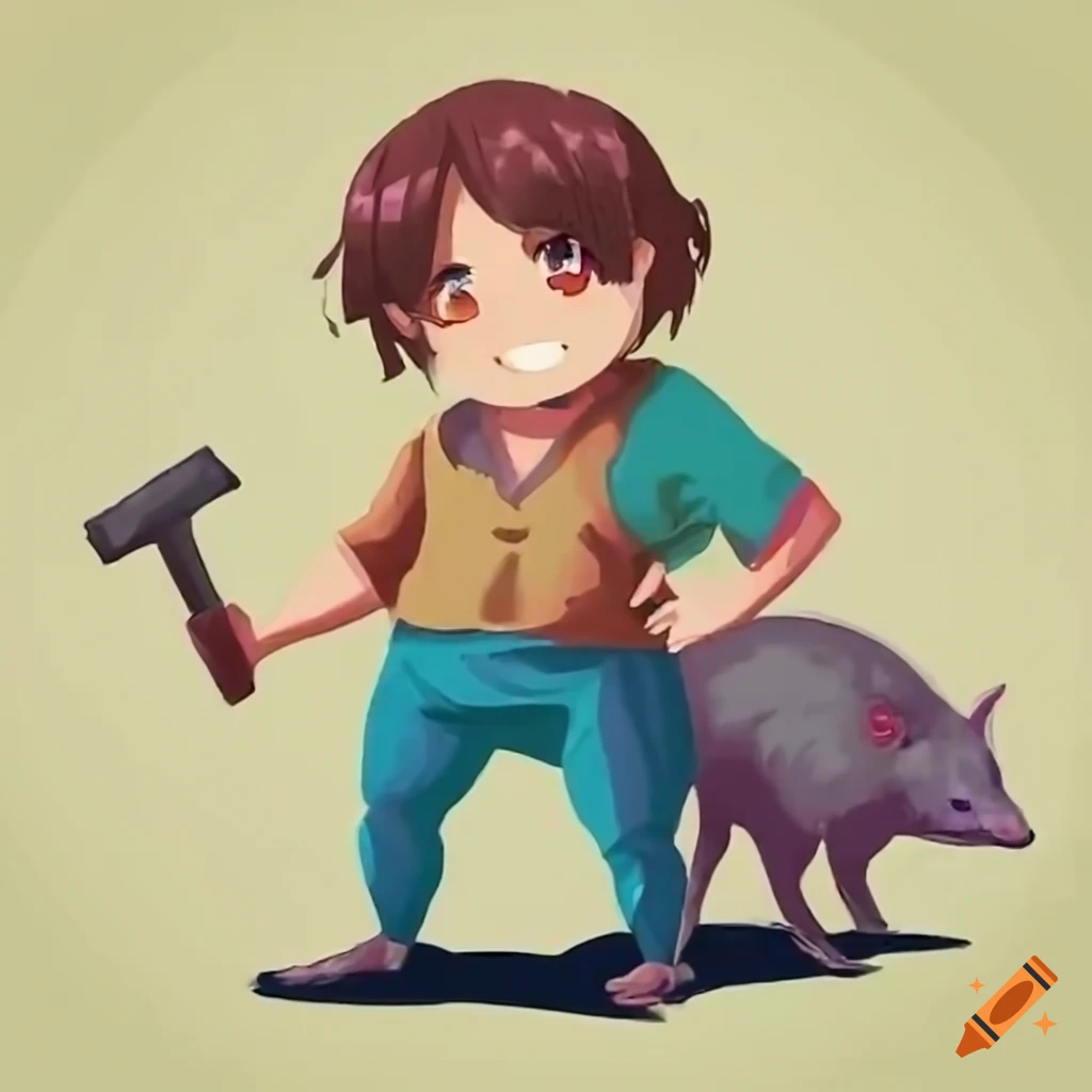 man with a hammer and his pet rat standing on a field
