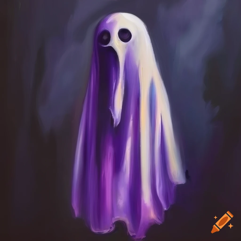Moody oil painting of a purple ghost on black background