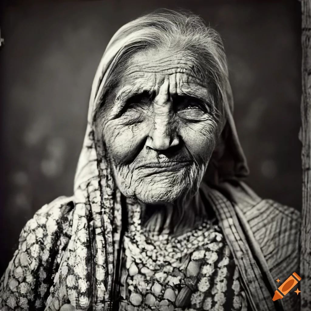 vintage black and white portrait of an elderly Pakistani immigrant woman