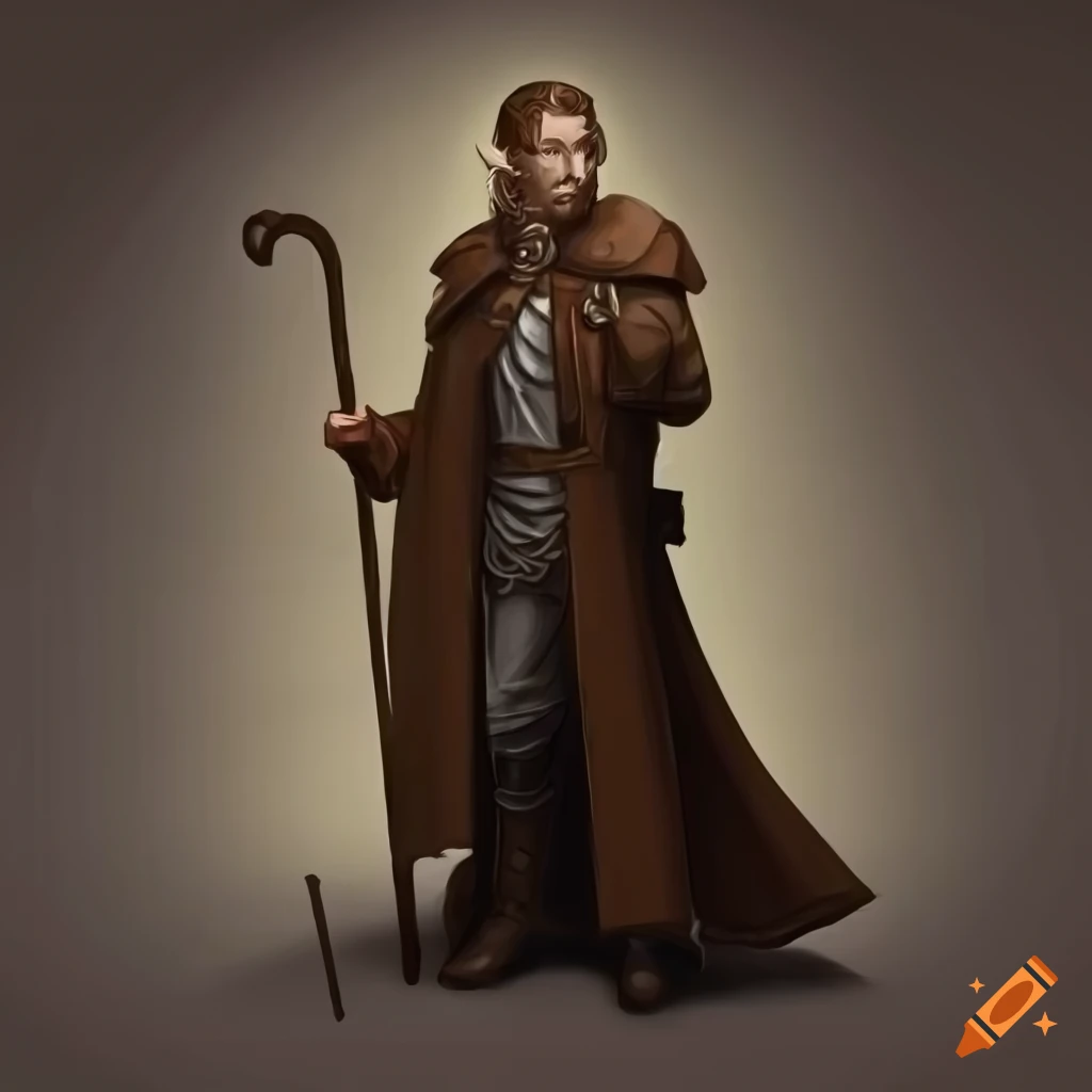 A young male wizard with short dark hair wearing a brown coat with a dnd 5e  artstyle