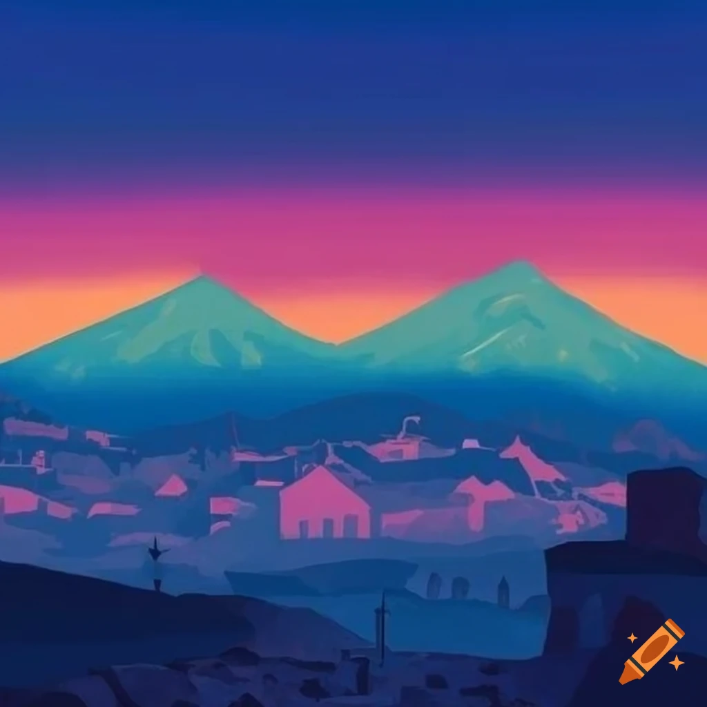 colorful poster of a pueblo at dusk