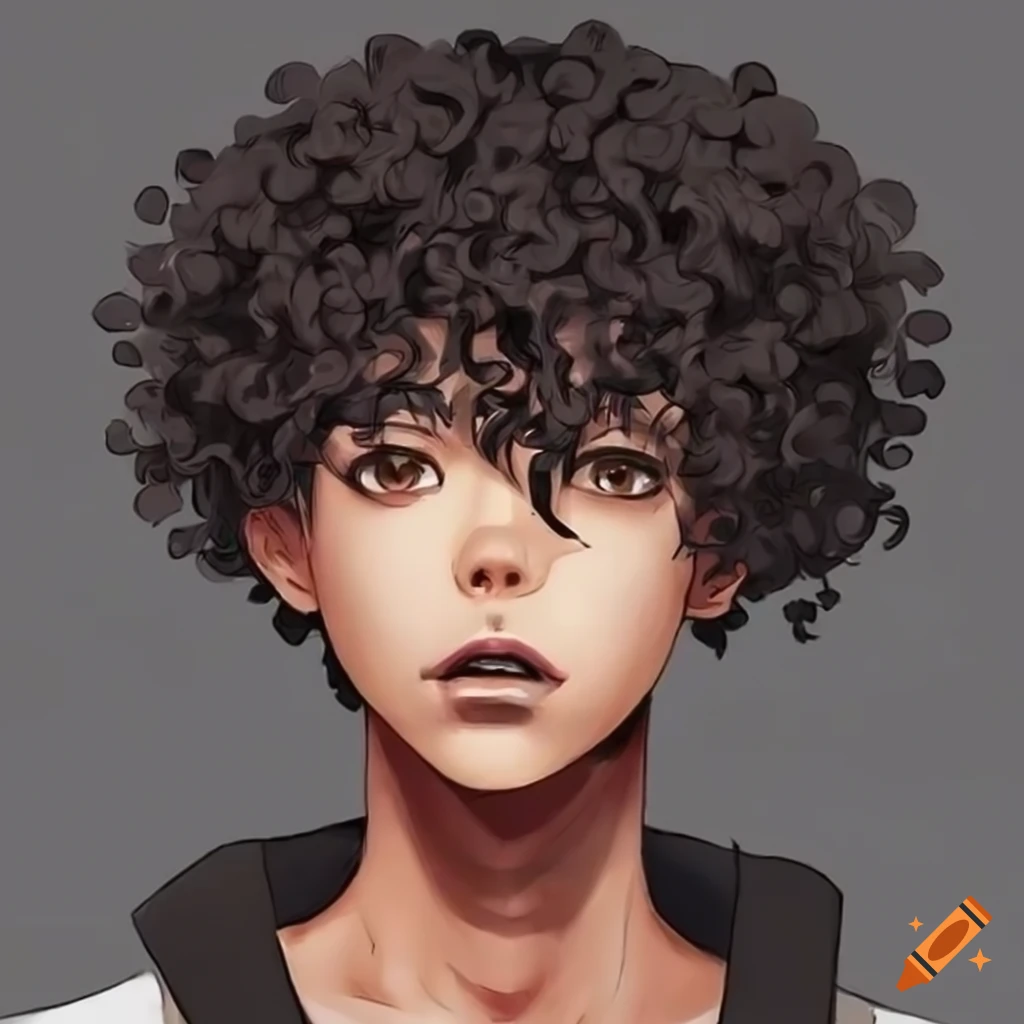 anime-inspired male character with dark brown skin and curly hair