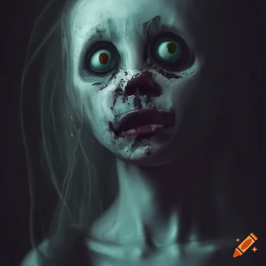 Ethereal female apparition in white and red garments with veil and mask