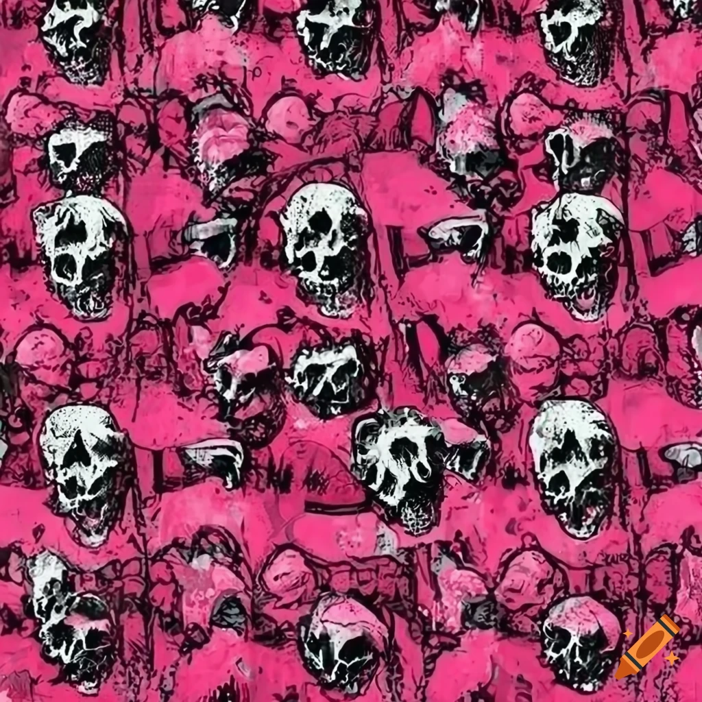 grunge 90s cartoon skull and pink ribbon pattern