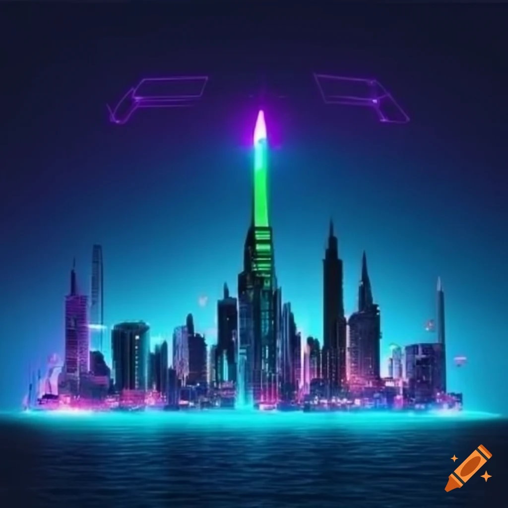 Futuristic cityscape at night with tall buildings and neon lights in ...