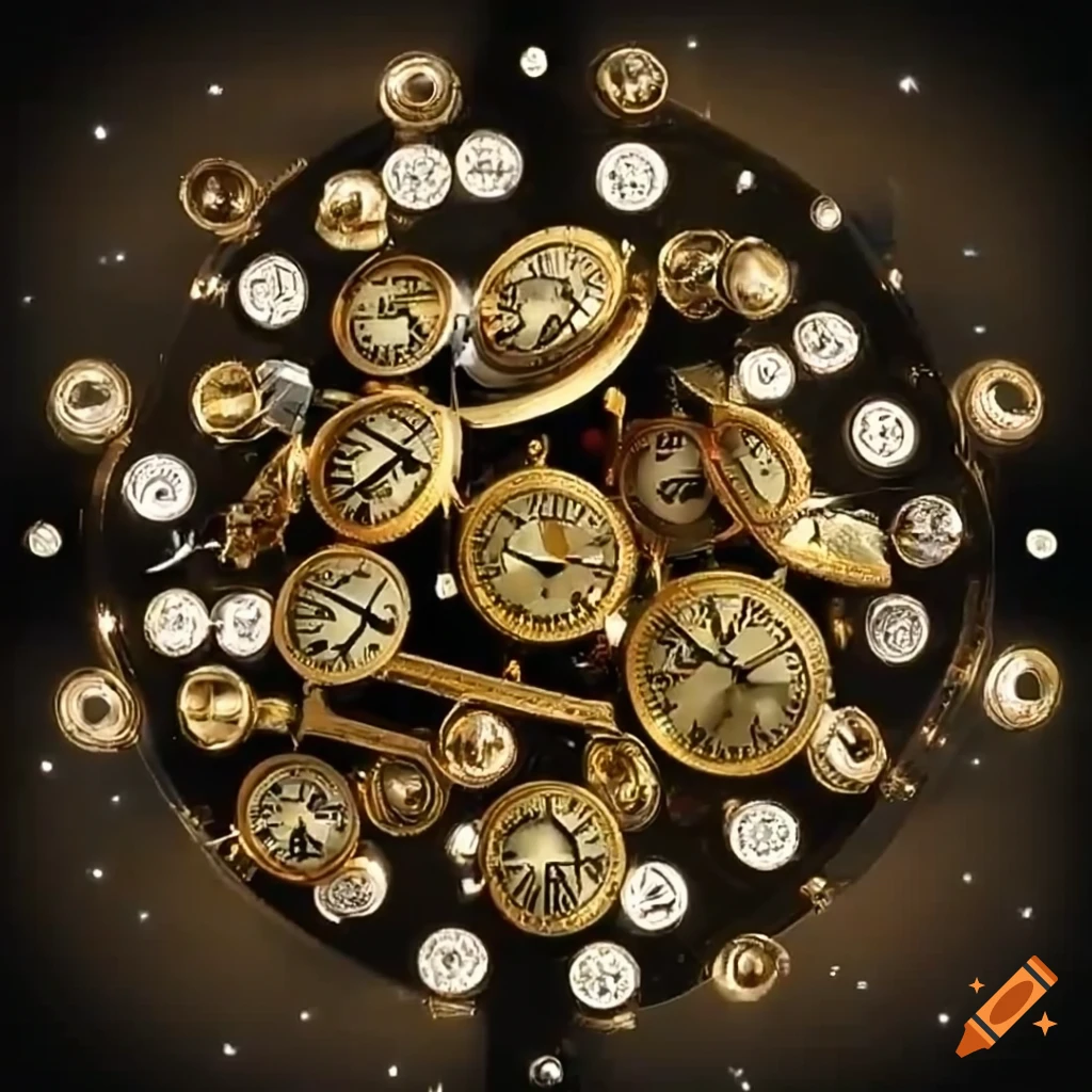realistic depiction of flying golden clocks