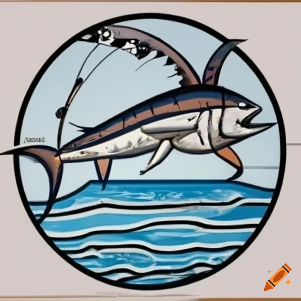 geometric logo of a lighthouse and tuna fish for a fishing club