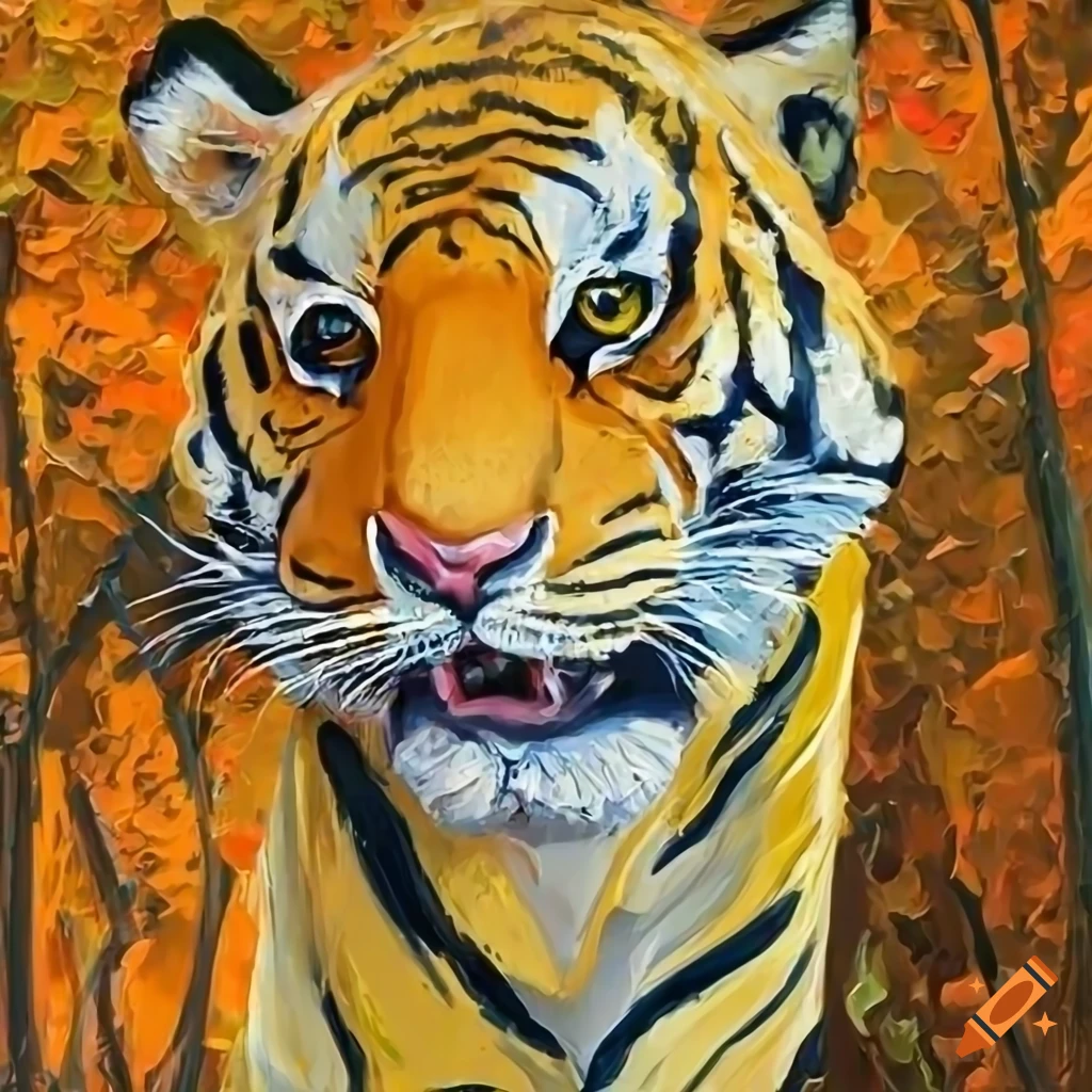 Knife palette painting of a golden tiger in a fall forest on Craiyon