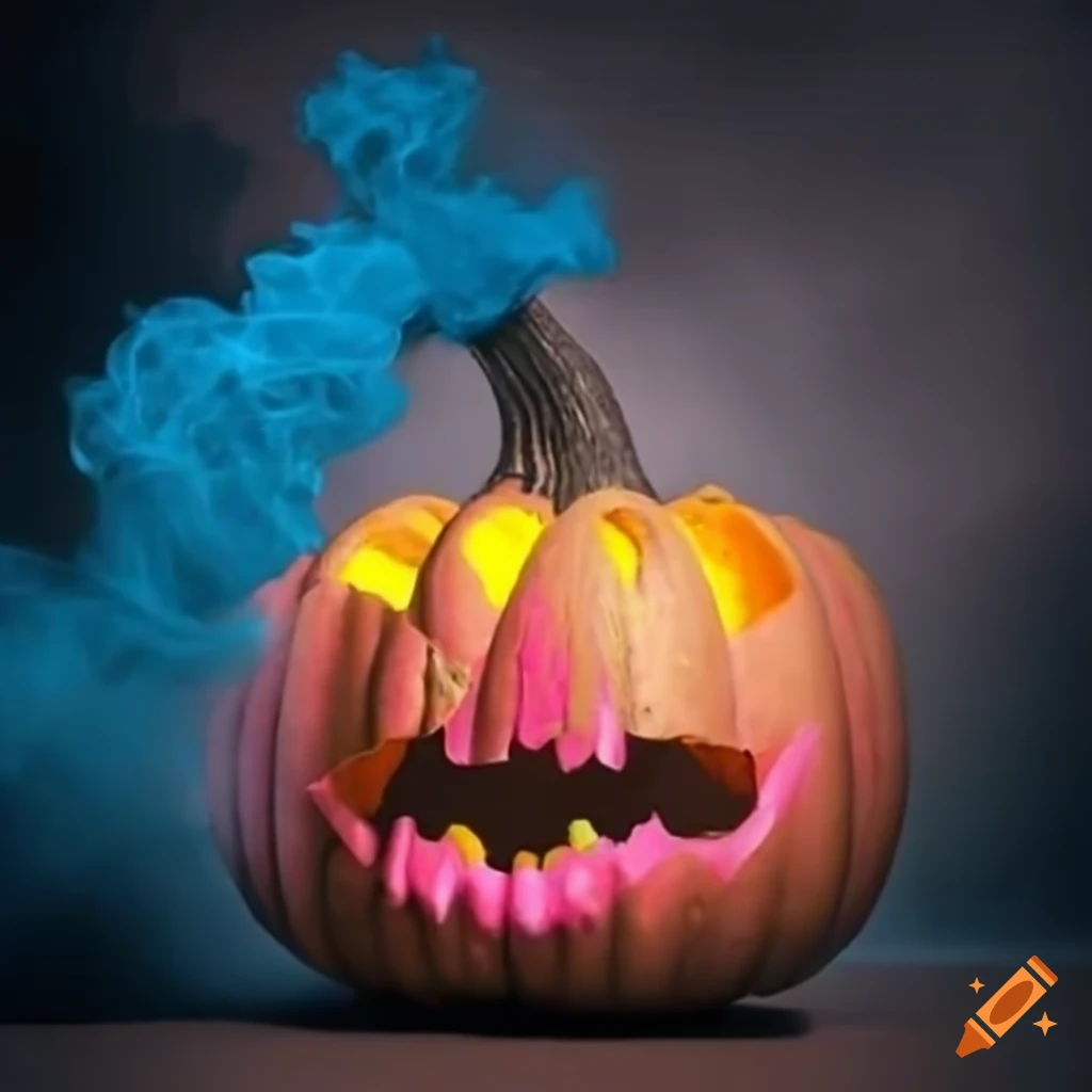 colorful artwork featuring pumpkins and a blue human figure