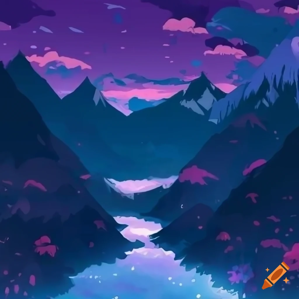lofi anime-style mountain landscape with rainbows