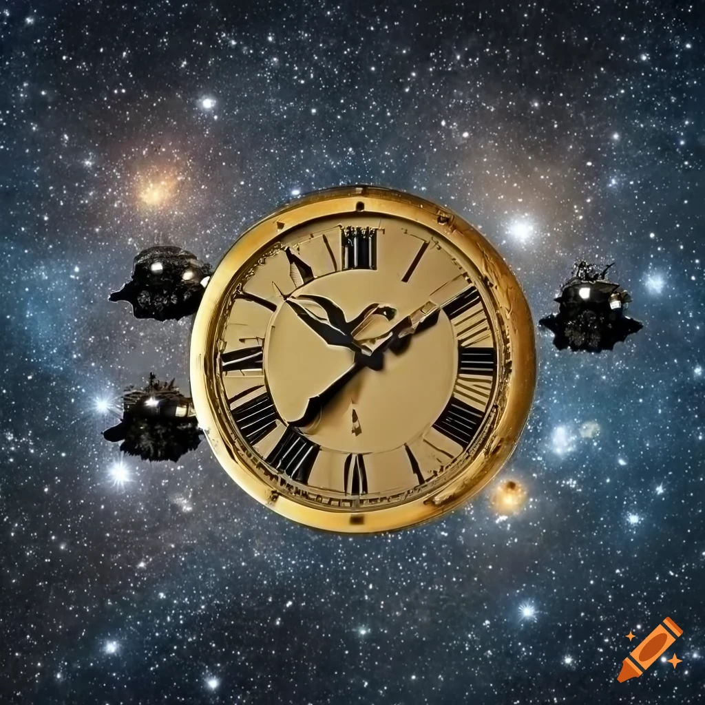 Surreal golden clocks floating in outer space on craiyon
