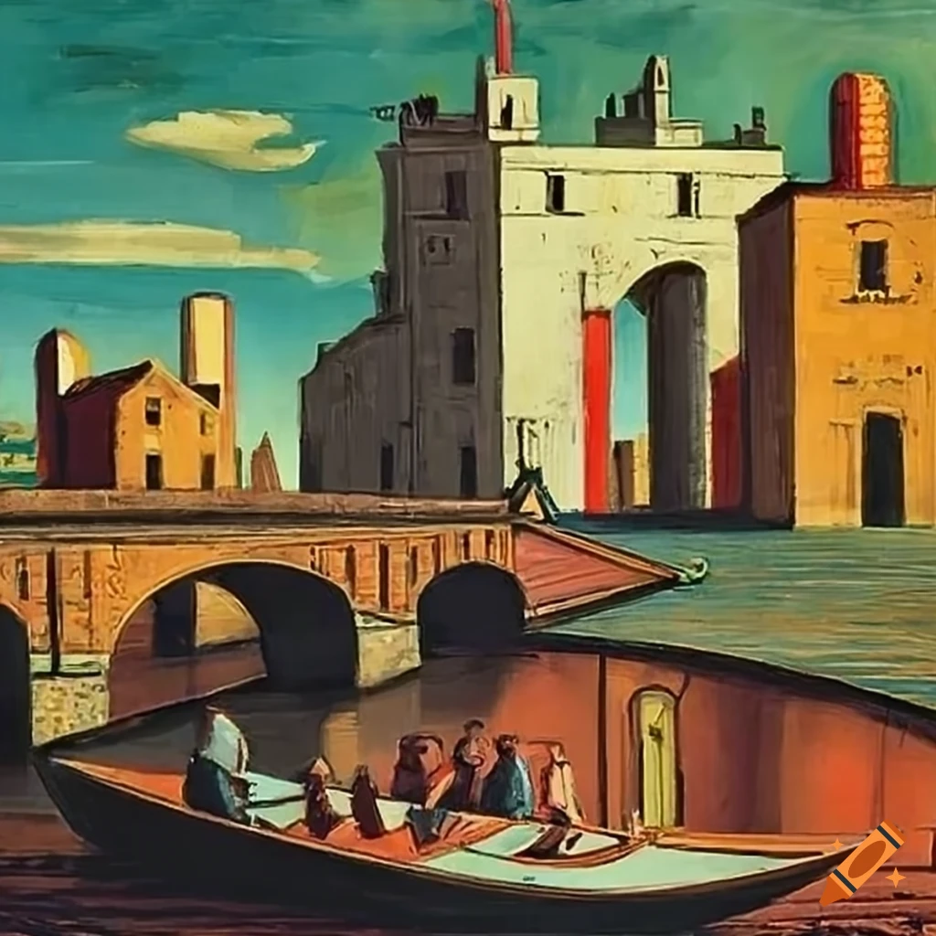 painting of river punting under a bridge
