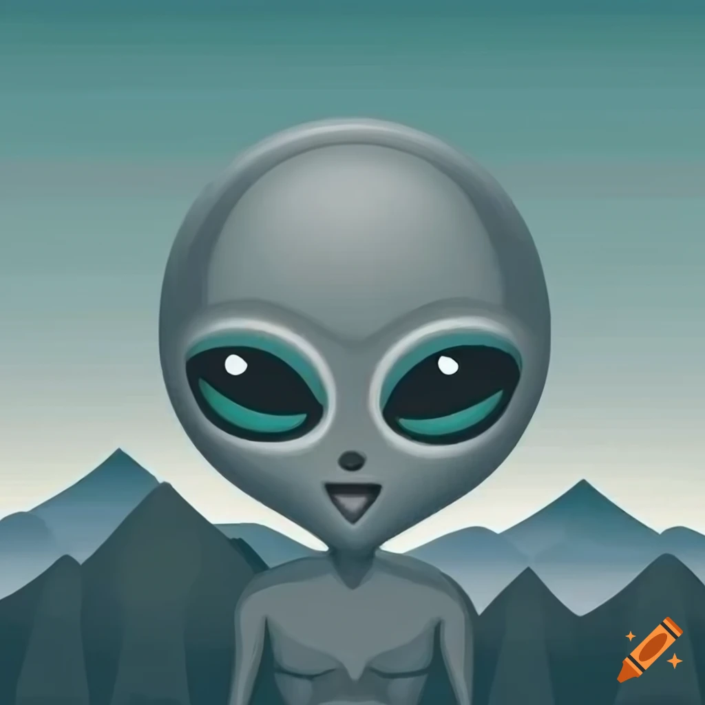 Grey alien emoji with mountains on Craiyon