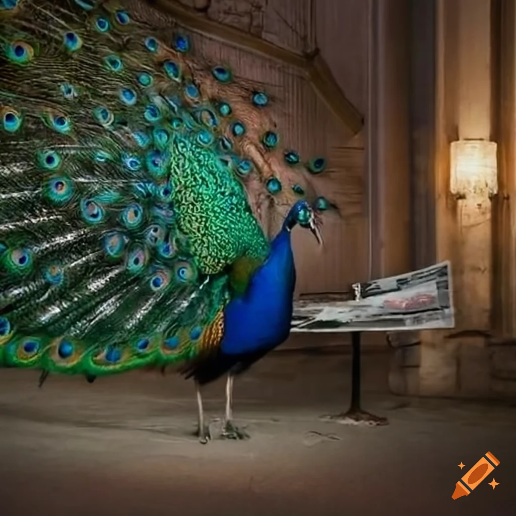 peacock standing next to a newspaper