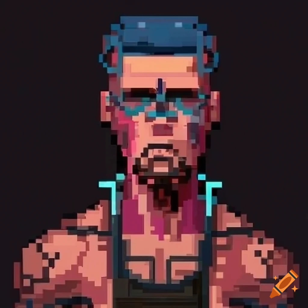 detailed cyberpunk pixel art male character with tech implants