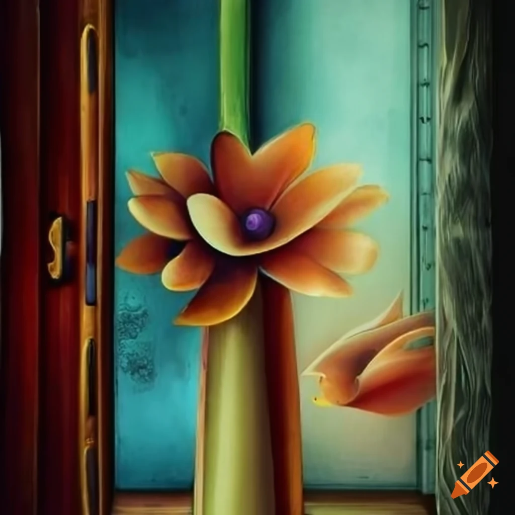 Surrealist abstract flower vase and door artwork on Craiyon