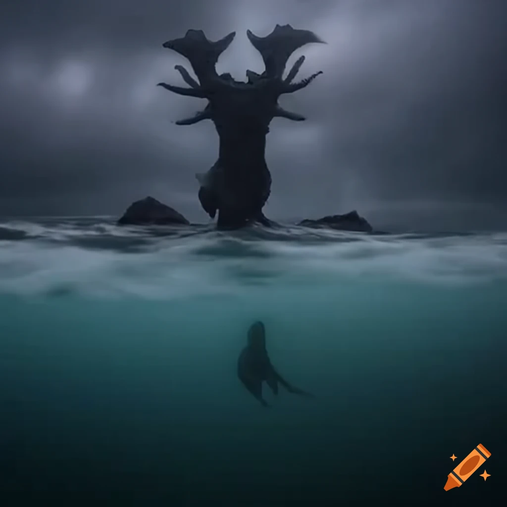 giant sea creature emerging from dark clouds
