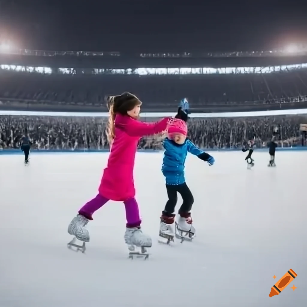 family skating backwards on ice rink