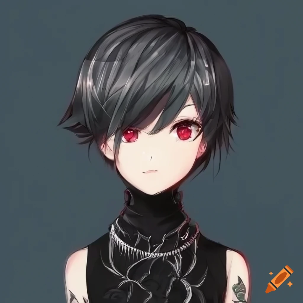 Anime gith femboy with short black hair, purple eyes, wearing a black  leather jacket, choker around neck, detailed face on Craiyon