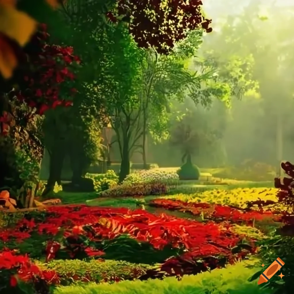 vibrant garden with colorful flowers in the morning