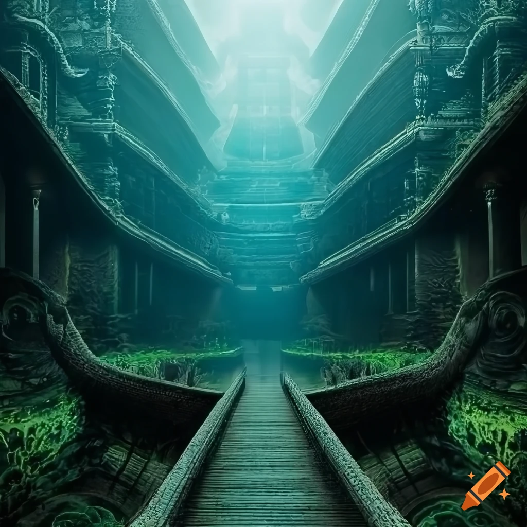 otherworldly view of asian architecture surrounded by nature