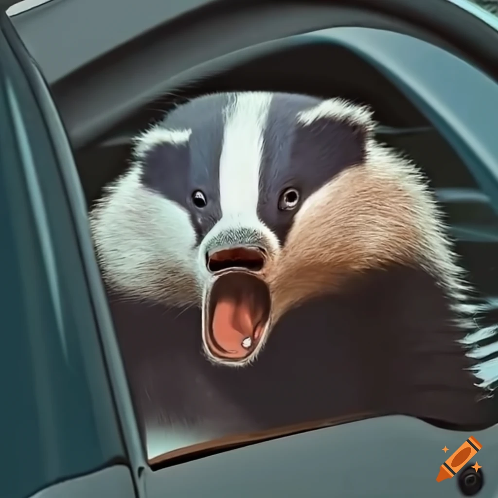 Illustration of a worried badger driving a car on Craiyon