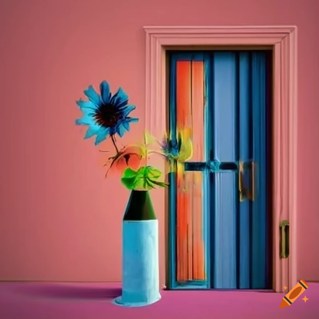 surreal abstract art with a flower vase and door