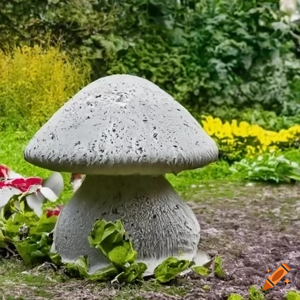 concrete mushroom sculpture in a flower garden