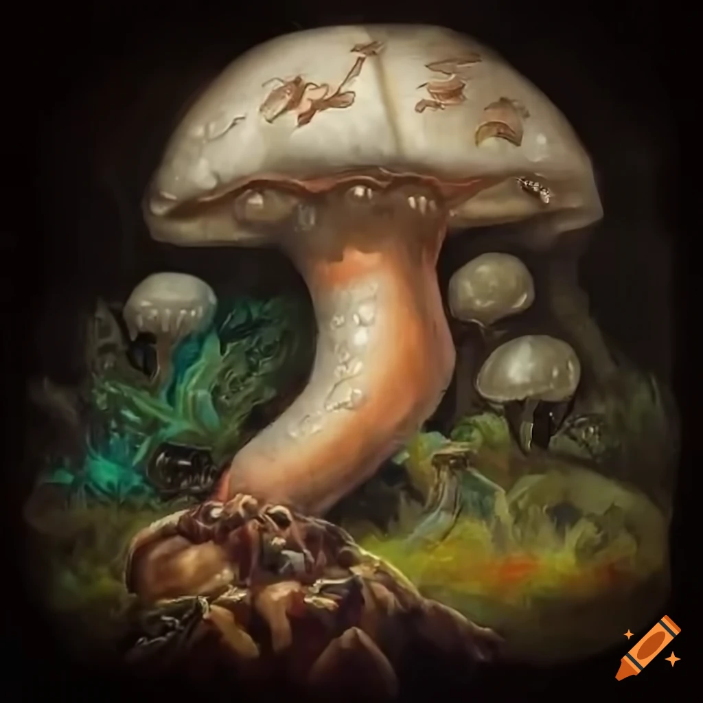 fantasy artwork of a sentient mushroom and a dungeon