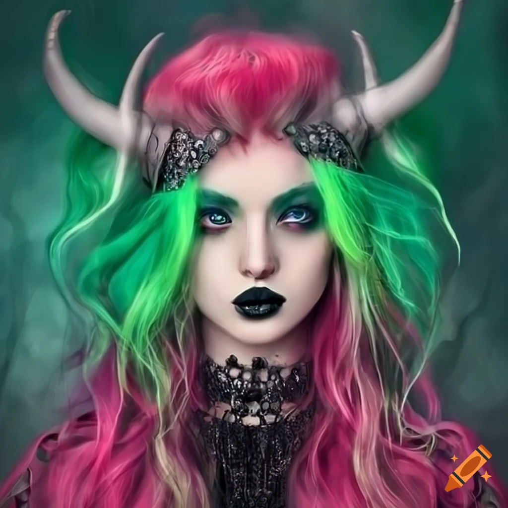 Ethereal goth girl with green hair and demonic horns on Craiyon