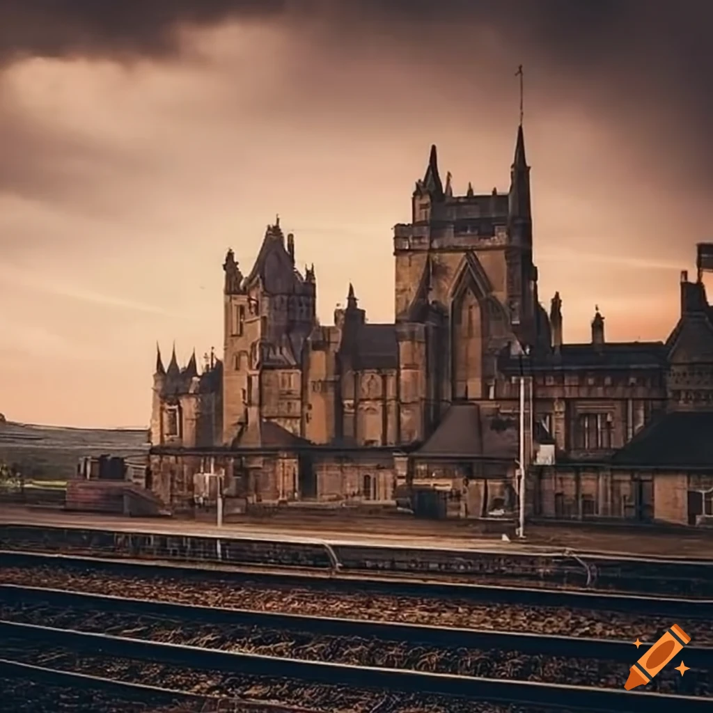 gothic castle in the background of a train station
