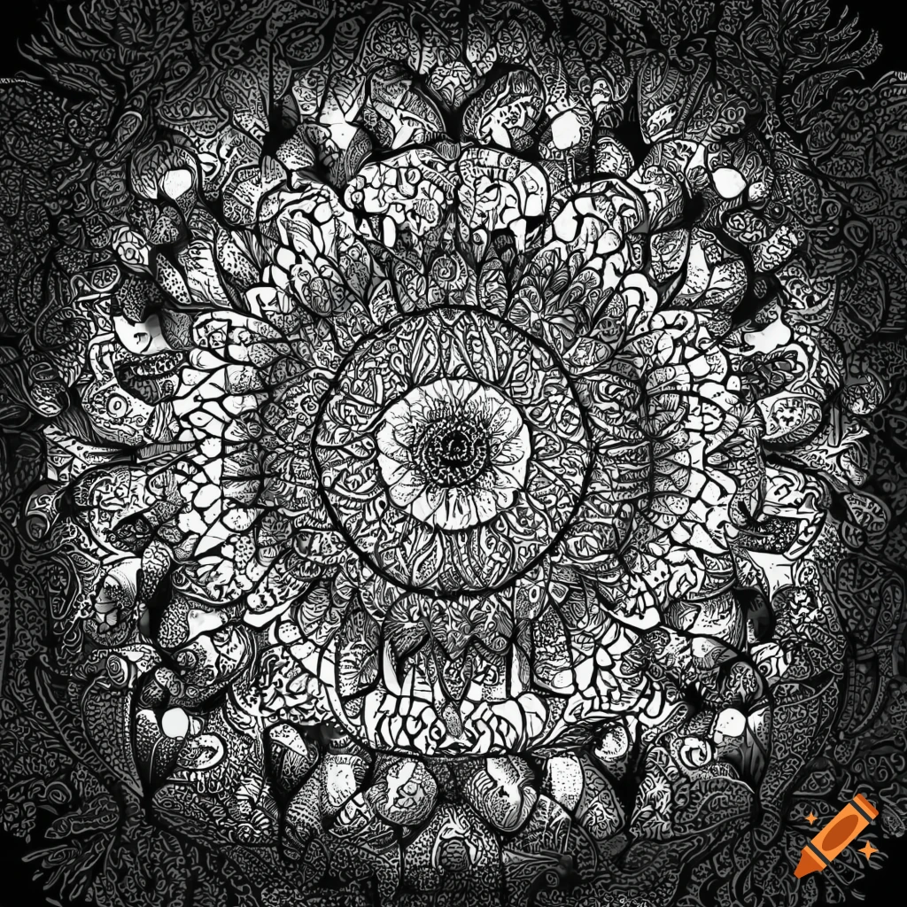 black and white line art of a mushroom mandala
