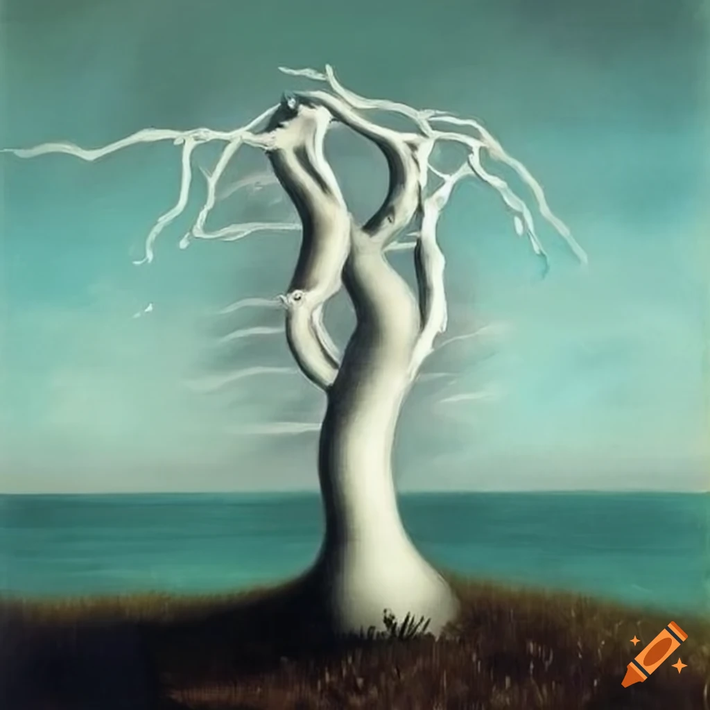 Surreal painting of white twisting tree branches