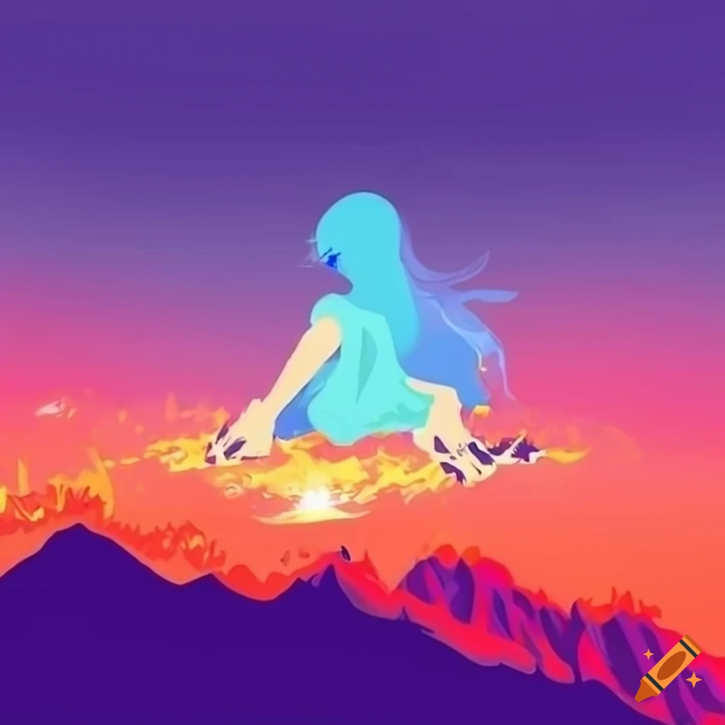 lofi style artwork of a girl flying in the sky with red flames