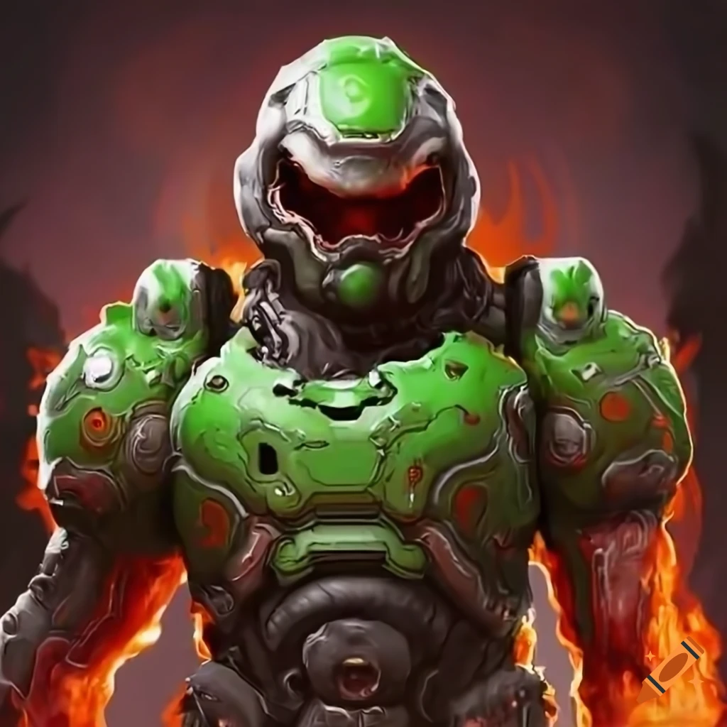 flame background with Doom Eternal's creepy doom guy