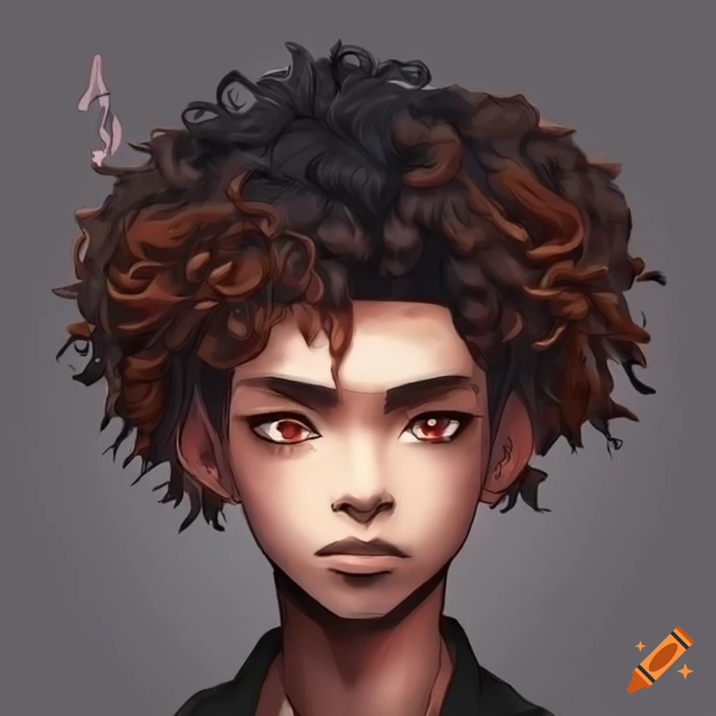 anime-inspired male character with dark brown skin and unique hairstyle