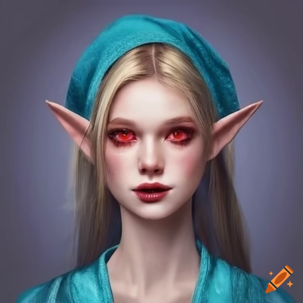 Portrait of young female elf with no makeup and red eyes