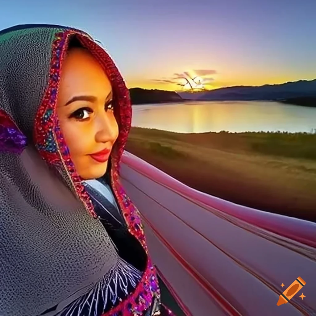 hyperrealistic portrait of a woman at a mountain lake sunset