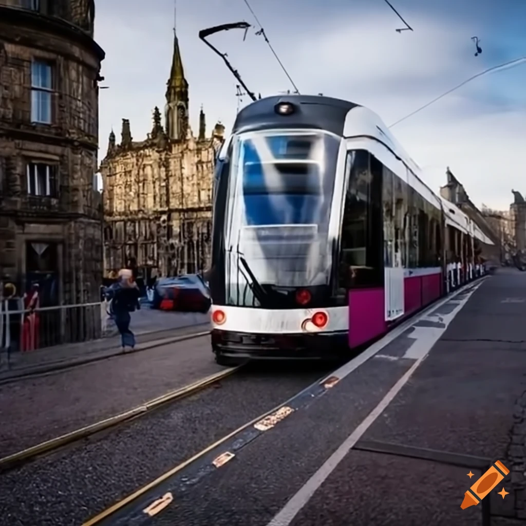 superhero illustration with Edinburgh trams in the background